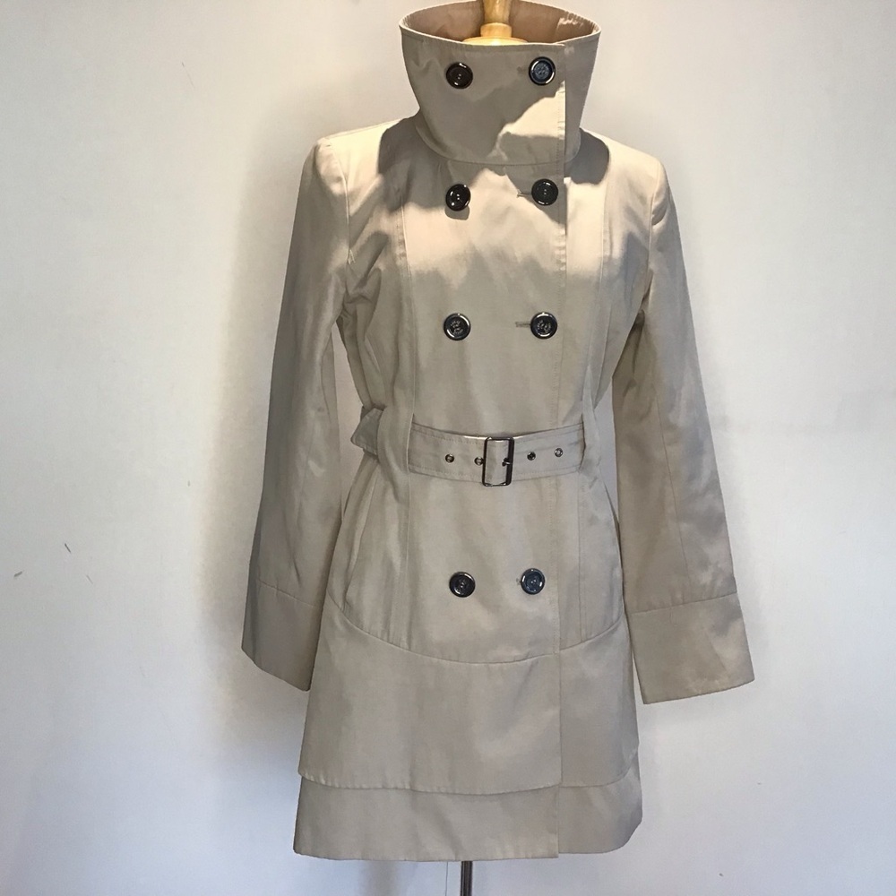 Guess Y2K VTG gray double breasted funnel neck belted skirt rain trenchcoat M